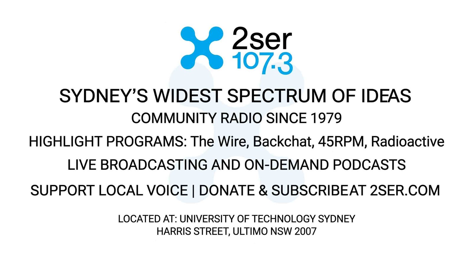Promotional graphic for 2SER 107.3 featuring station details: "Sydney's Widest Spectrum of Ideas," listing highlight programs such as The Wire, Backchat, 45RPM, and Radioactive, with call-to-action details to donate and subscribe at 2ser.com.