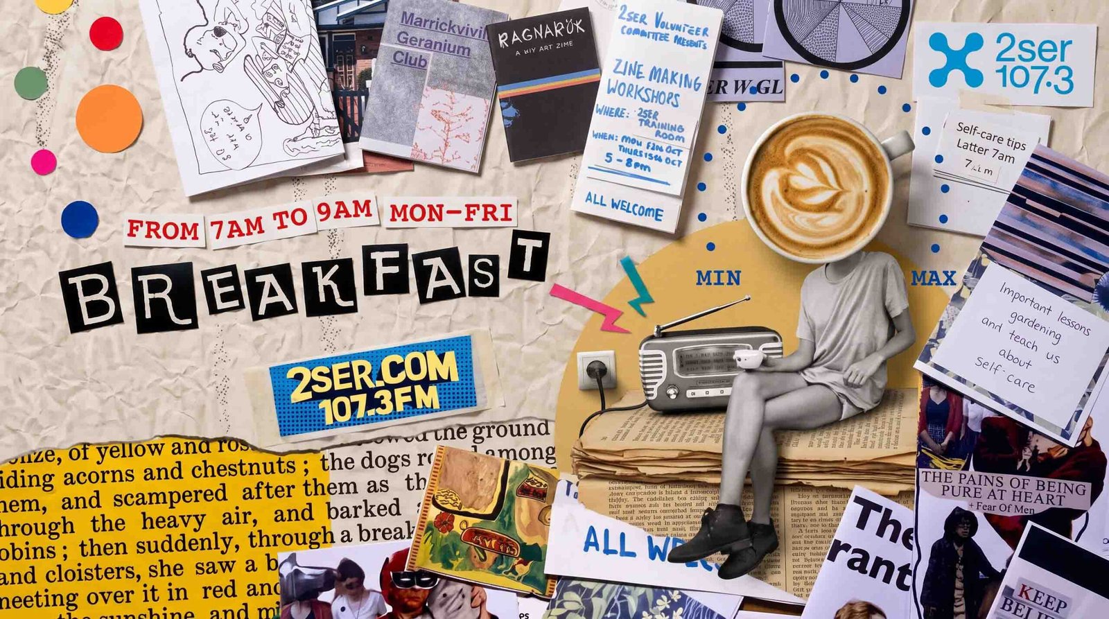 Collage art banner for the 2SER 107.3FM Breakfast Show featuring a coffee cup, vintage radio, zines, and text reading "Breakfast From 7am to 9am Mon-Fri".