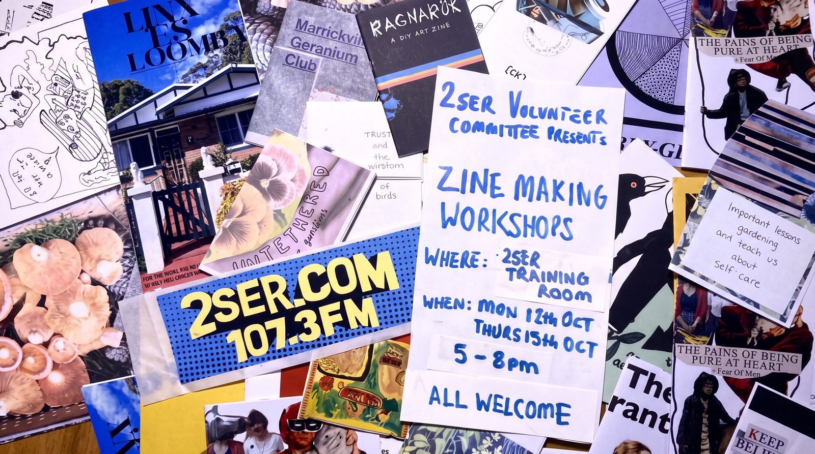 Flyer collage for the 2SER Volunteer Committee Zine Making Workshops featuring dates Monday October 12 and Thursday October 15 from 5-8pm in the 2SER Training Room.