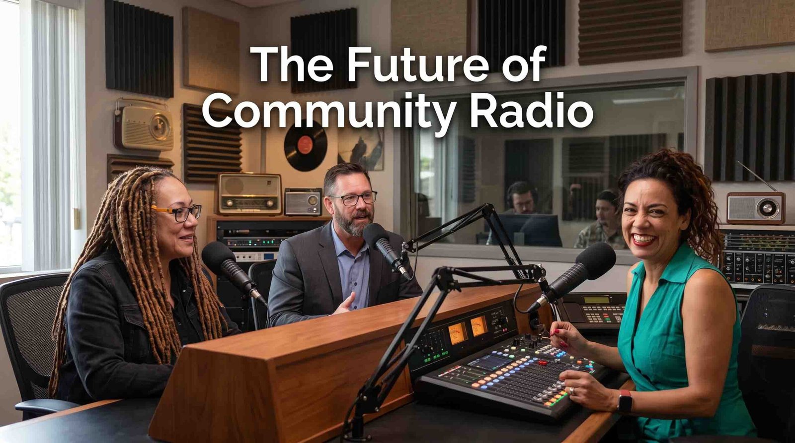 Radio host Paula Kruger in a broadcasting studio with panel guests Jon Bisset and Noelani Osueke under text reading "The Future of Community Radio".