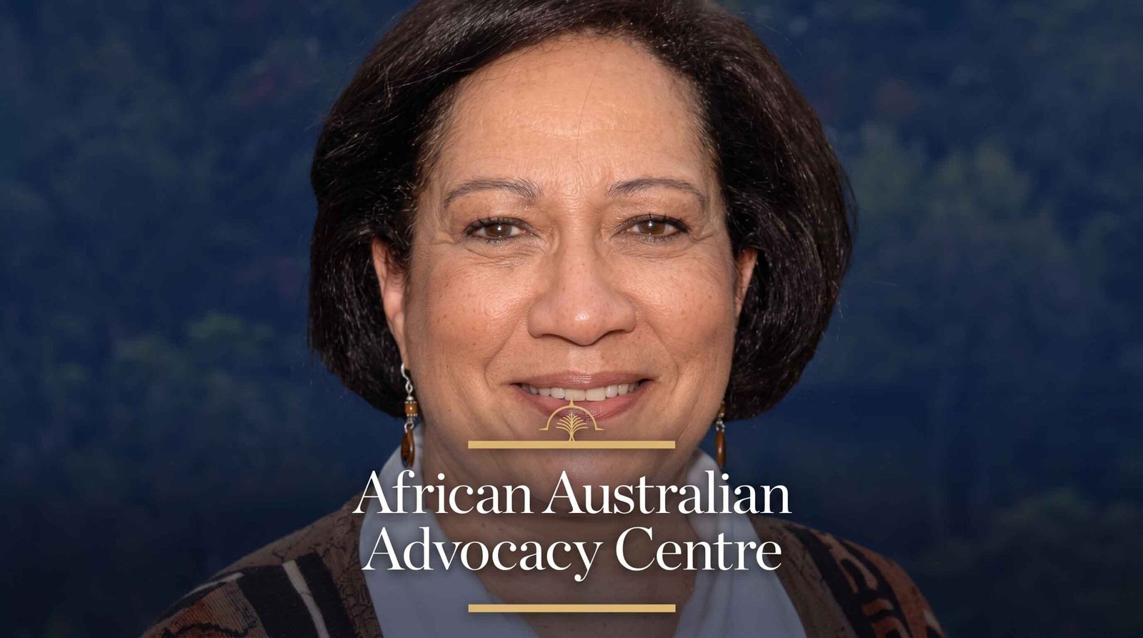 Portrait of internationally acclaimed African American storyteller Ilene Evans featuring the African Australian Advocacy Centre logo overlay.
