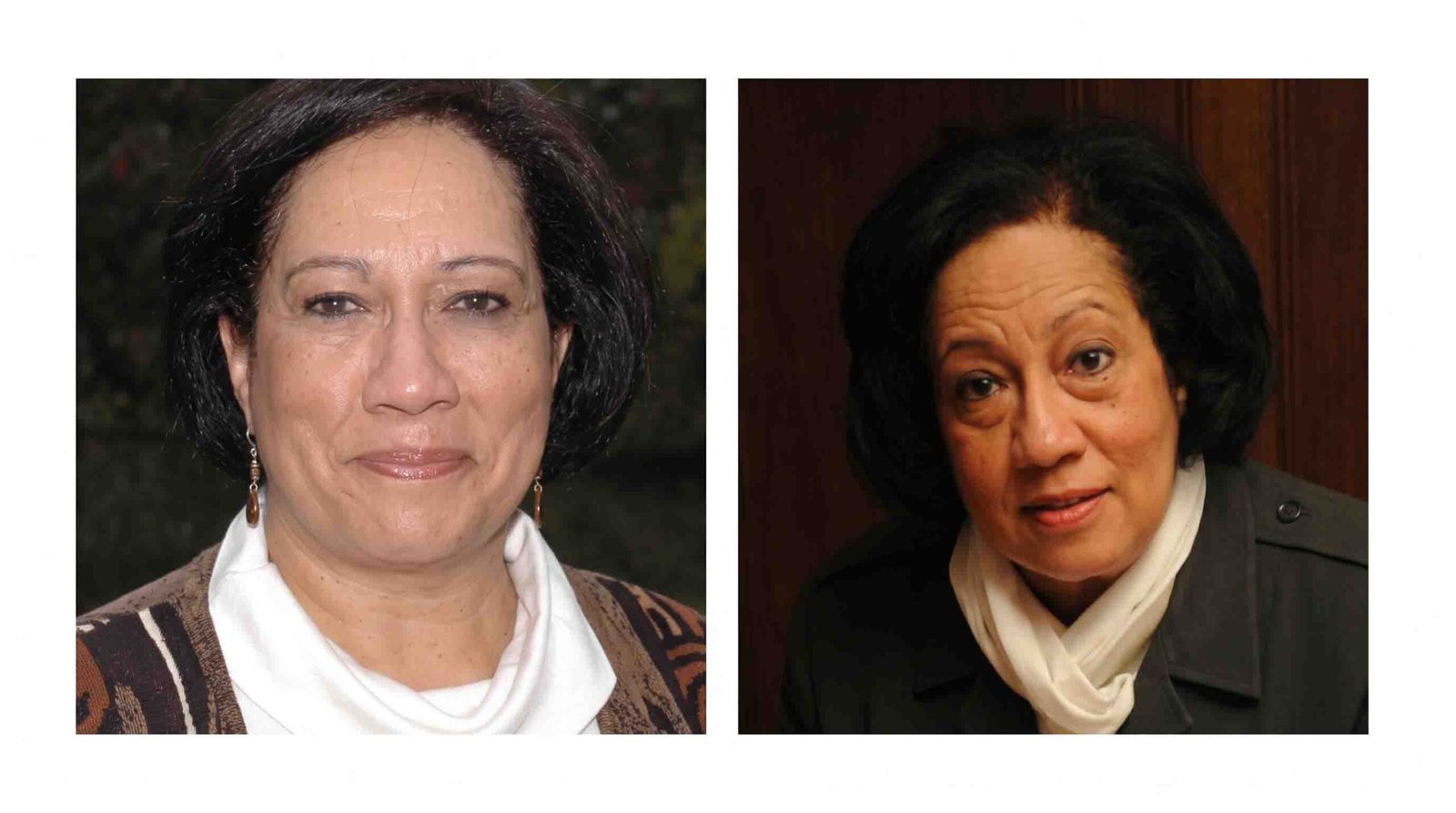 Side-by-side portrait collage of African American storyteller and performer Ilene Evans, wearing a white cowl-neck top on the left and a dark jacket with a scarf on the right.