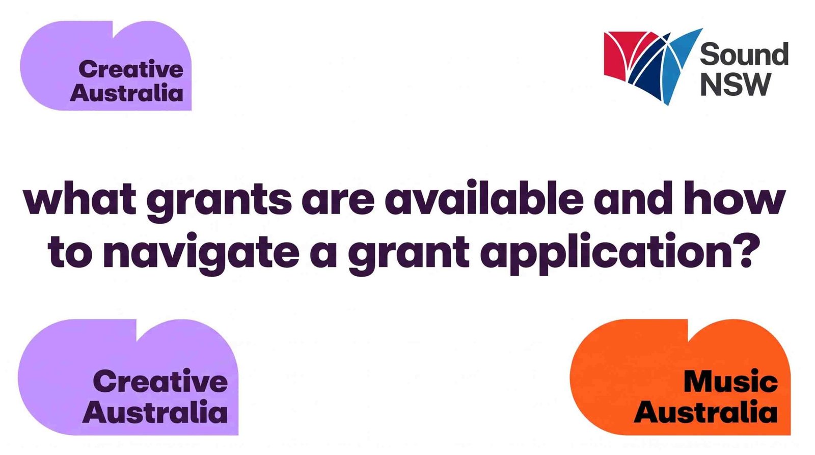 Promo graphic featuring logos for Creative Australia, Sound NSW, and Music Australia surrounding the text "what grants are available and how to navigate a grant application?"