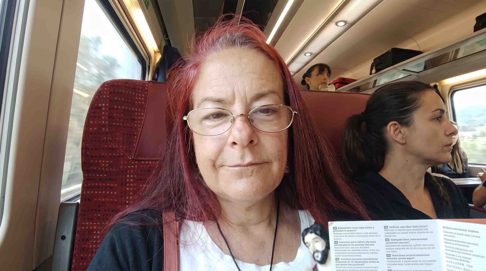 Portrait of Nikki Fachin, co-host of 2SER’s Gaywaves program, with red hair and glasses seated on a train journey.