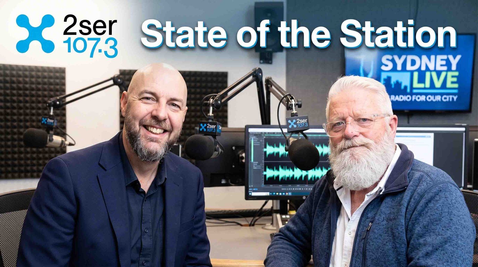 Prof. James Bennett (Chair of the 2SER Board) and Tony Duke (Transition Director) seated in the 2SER radio studio with microphones and audio equipment, with graphic text reading 'State of the Station' and the 2SER 107.3 logo above them.