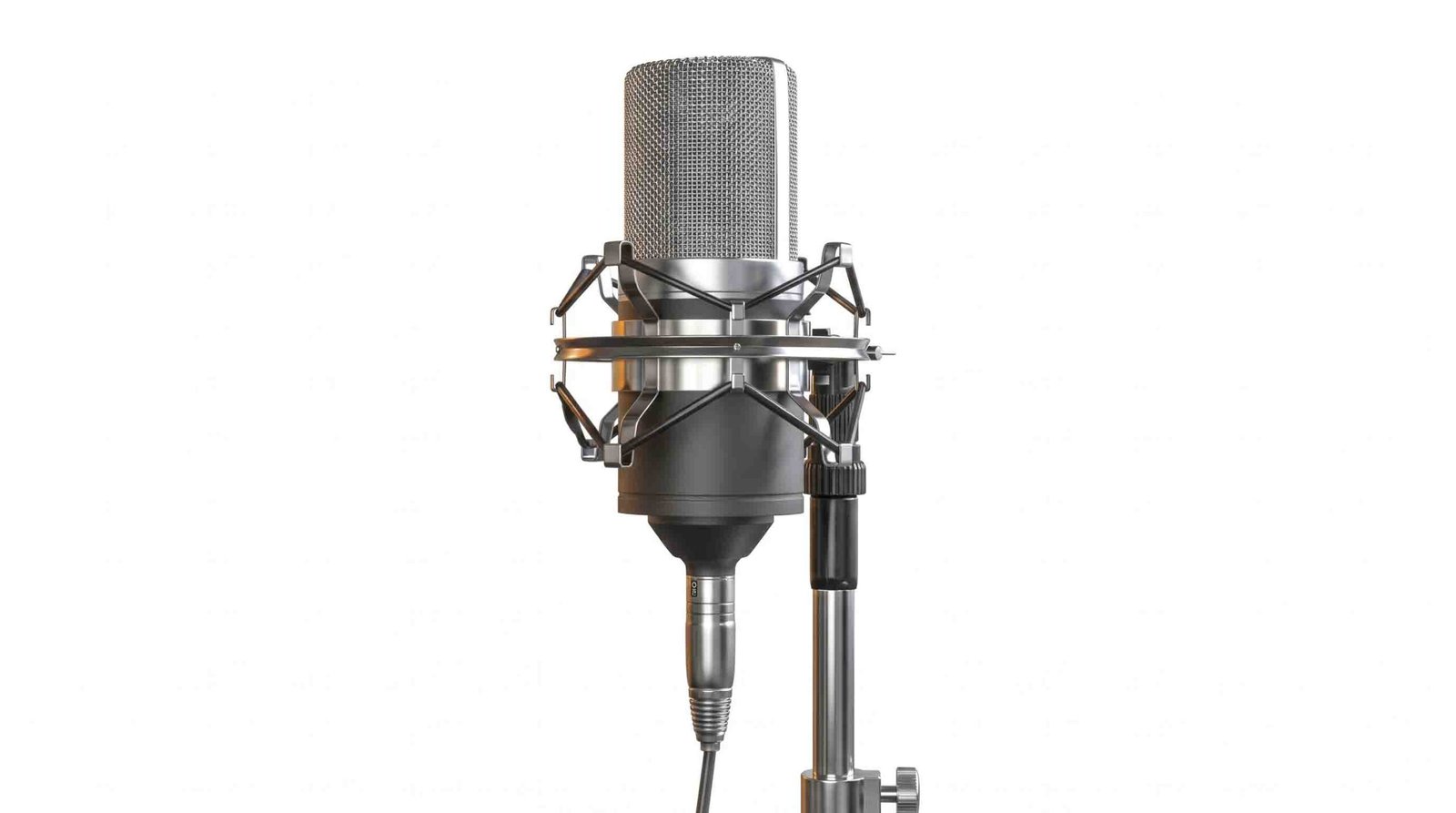 A professional studio condenser microphone mounted on a shock mount against a clean white background.