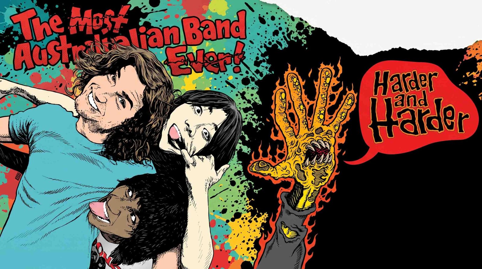 Colorful punk art illustration for The Hard-Ons film screening featuring animated cartoon band members under text reading "The Most Australian Band Ever!" alongside a flaming monstrous hand and speech bubble reading "Harder and Harder".