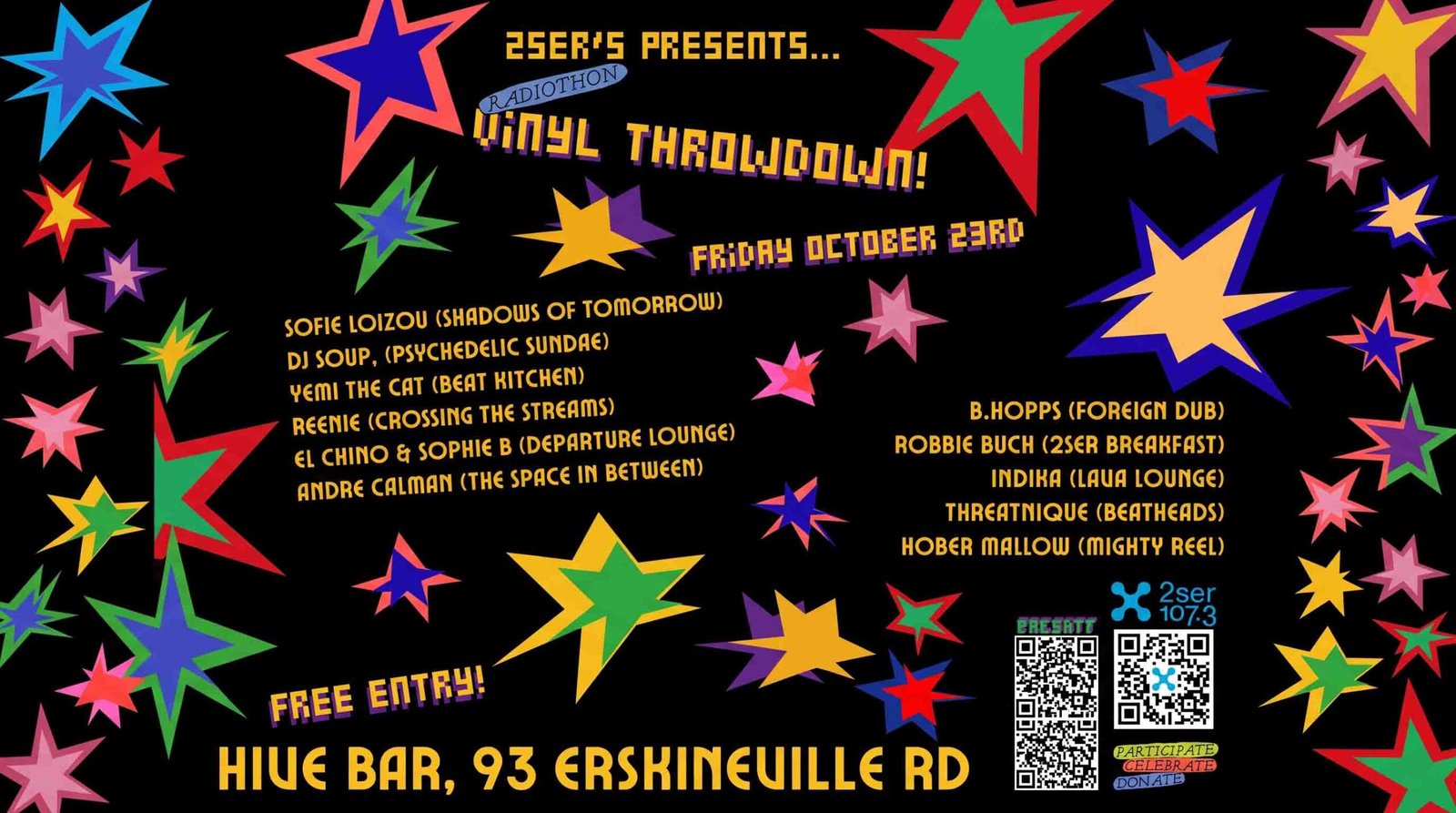 Colorful promotional poster on a black background filled with multi-colored stars for '2SER Presents Radiothon Vinyl Throwdown!' at Hive Bar, Erskineville, listing featured DJs including Sofie Loizou, DJ Soup, Yemi the Cat, Reenie, El Chino & Sophie B, Andre Calman, B.Hopps, Robbie Buck, Indika, Threatnique, and Hober Mallow.