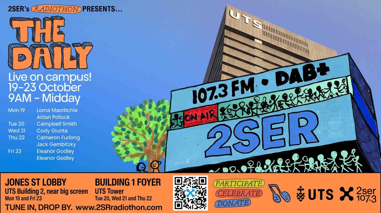 Illustrated poster for '2SER's Radiothon Presents... THE DAILY Live on Campus! 19–23 October, 9AM – Midday', showing an artistic drawing of the UTS Tower and campus alongside schedule details for hosts including Lorna Macritchie, Aidan Pollock, Campbell Smith, Cody Giunta, Cameron Furlong, Jack Gembitzky, and Eleanor Godley